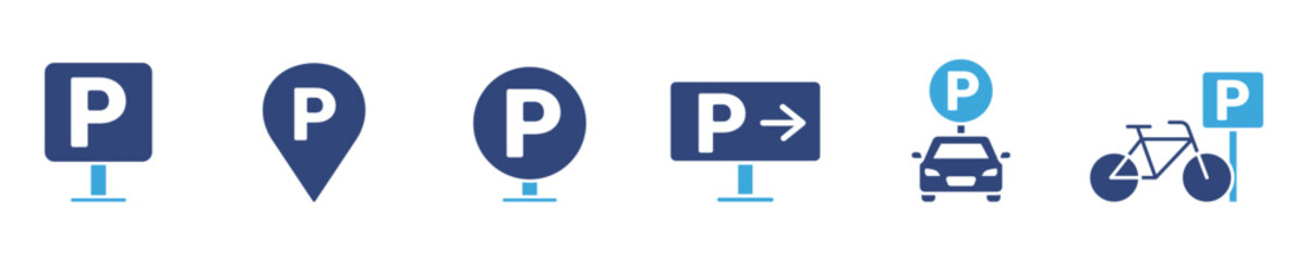Parking Icons Set, Car and Bicycle Parking Signs Symbols, Location Navigation Concept, Vector Illustration