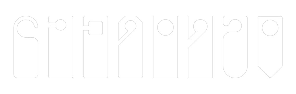 Hotel door label vector set with die cut tag icons for hanging on knob or handle. Cardboard flyer design template for room signs including do not disturb and welcome tag mockups