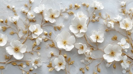Elegant white flower petals and blossoms scattered on a clean white background, minimalist floral flat lay composition