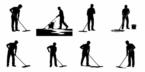 Obraz premium A collection of silhouette illustrations depicting men cleaning floors, mopping, and performing janitorial duties with buckets and mops.