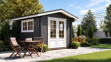 Modern Charcoal Grey Garden Shed Surrounded by Lush Greenery and Sunlight