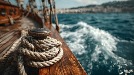 Fototapeta premium Close-up of a nautical rope coiled around a metal cleat on a varnished wooden boat deck with deep blue ocean and coastline in the backdrop.