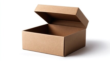 Empty brown cardboard gift box with open lid on white background, shipping and packaging mockup