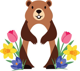 Cuddly bear surrounded by vibrant spring flowers in garden