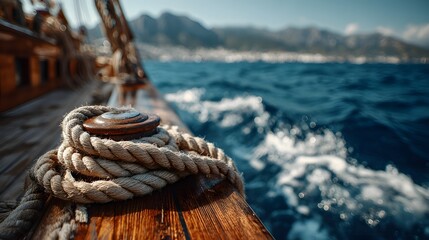 Fototapeta premium Close-up of a nautical rope coiled around a metal cleat on a varnished wooden boat deck with deep blue ocean and coastline in the backdrop.