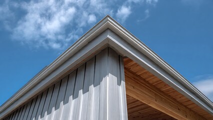 Modern Grey Shed Corner Under Bright Blue Sky with Fluffy Clouds