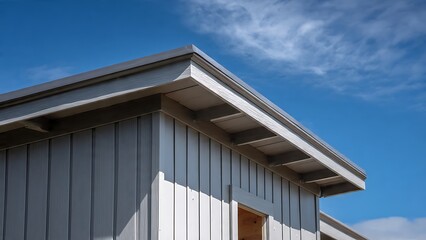 Fototapeta premium Modern Grey Shed Corner Against Clear Blue Sky with Subtle Cloud Patterns