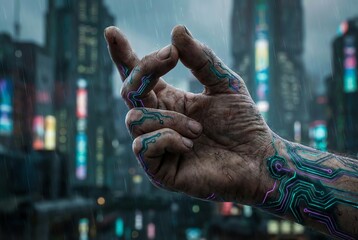 Cybernetic Hand with Glowing Circuitry Against a Futuristic Cityscape at Night.