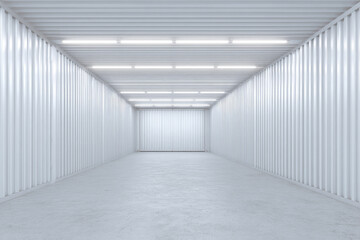 Spacious storage facility mockup with clean white walls and bright lighting creates organized and modern environment ideal for warehouse or industrial use