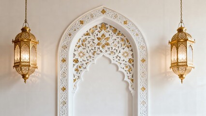 Elegant Islamic architectural design with intricate gold and white arch and symmetrical hanging lanterns showcasing traditional craftsmanship
