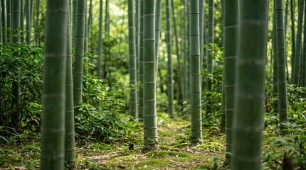 Dense green bamboo forest landscape with vertical stalks and sunlight