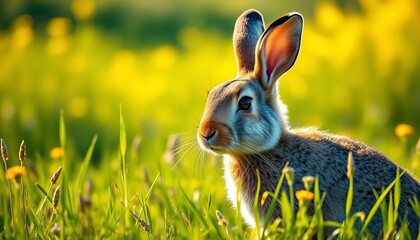 Hare in a sun-drenched field, ears twitching, watchful gaze,  grass,  scenic