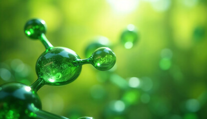 Green molecular structure on bokeh background. Abstract 3D rendering of molecular structure.