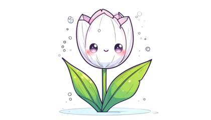 A kawaii-style white tulip with a smiling face, green leaves, and water droplets