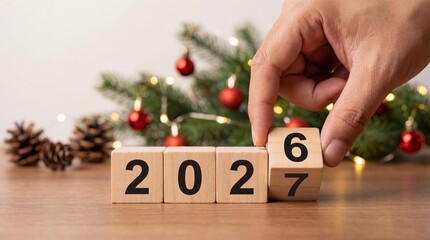 A close up view of hands adjusting wooden blocks displaying the year 2027 symbolizing new year transitions and festive celebrations with christmas decorations