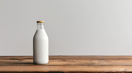 Glass bottle of fresh white milk on wooden table against minimalistic background in natural light