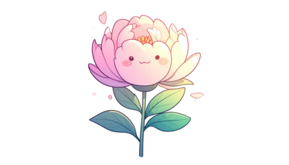 Cute cartoon peony with a happy face, petals, leaves, and stem on a black background