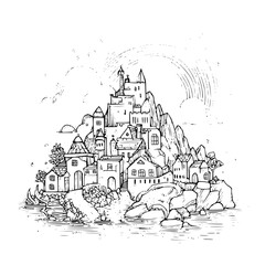 Obraz premium Fantasy Castle on Rocky Hilltop by Sea