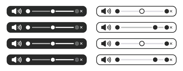 Set of audio volume slider icons, black and white vector collection showing mute, low, medium, and high sound levels, ideal for media player interfaces, app design