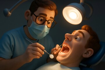 Dentist wearing mask and glasses checking patient's open mouth with dental tools under bright light. Promoting oral health
