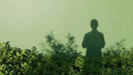 Human-AI Integration in Nature: Digital Silhouette Shadow with Neural Network Overlay in Green Environment