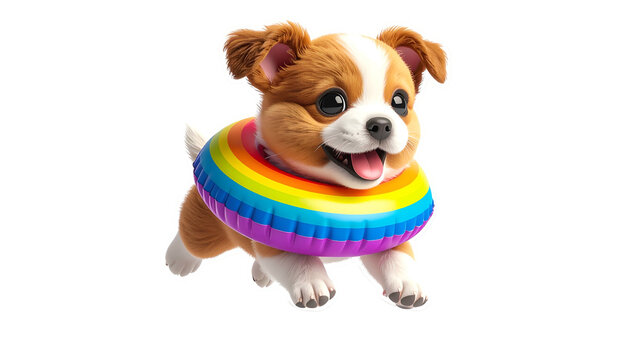 Playful puppy, wearing a rainbow-colored floatie, joyfully leaping forward against black - Powered by Adobe