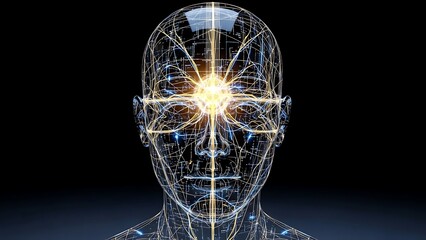 Silhouette of human head with glowing neural network patterns visible inside, digital brain representation, blue and purple neon lights, dark background, symbolic AI visualization