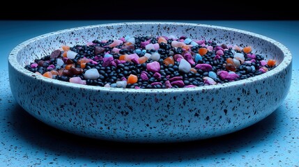 Luxury terrazzo bowl containing black seeds mixed with vibrant colorful minerals on blue surface