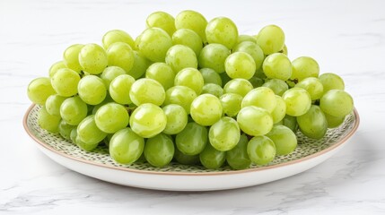 Fresh Green Grapes on Plate with Decorative Edge Showcasing Natural Texture and Colorful Presentation for Culinary Uses
