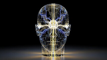 Silhouette of human head with glowing neural network patterns visible inside, digital brain representation, blue and purple neon lights, dark background, symbolic AI visualization