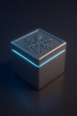 Obraz premium Dark square box featuring an embossed snowflake on its lid and a vibrant blue light line dividing the halves