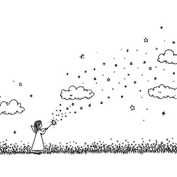 Little Girl Releasing Stars into Night Sky with Wand