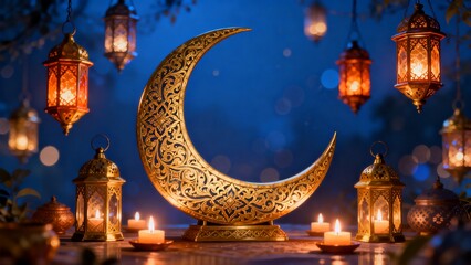 Festive digital artwork featuring intricate gold crescent and warm lantern lights creating serene Ramadan evening atmosphere