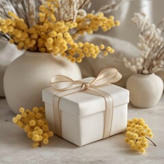 Elegant white gift box with satin ribbon near yellow mimosa flower bouquet in minimalist interior