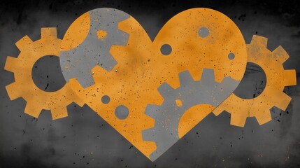 Stylized industrial heart with orange and grey cogwheels over dark textured grunge background