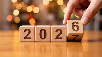 Naklejka premium A hand carefully positions wooden blocks displaying the numbers 2027 symbolizing the transition from 2026 and future planning concepts high quality