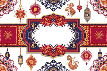 A vibrant and intricate Islamic pattern design with colorful shapes and lanterns on a white background