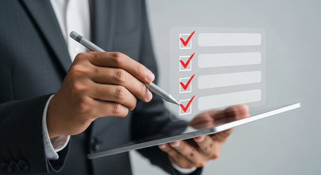 Businessman using digital tablet to complete checklist, symbolizing task management and productivity improvement - Powered by Adobe