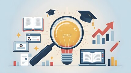 Educational growth and goal achievement concepts. Magnifying glass focuses on a light bulb representing ideas, surrounded by various education symbols. e-Learning, learning online, training course,