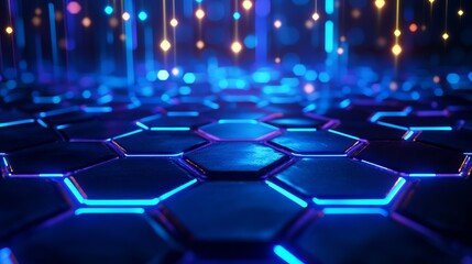 Obraz premium A futuristic digital grid of glowing hexagonal patterns with vibrant neon lights in blue and purple tones
