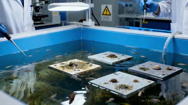 Closeup of researchers testing biofouling resistant materials in a water tank to evaluate effectiveness against aquatic organism accumulation.