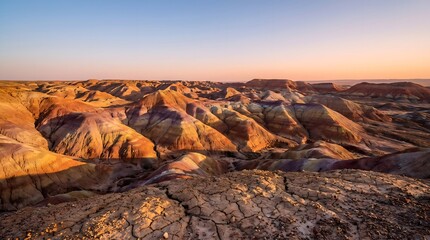 Obraz premium Colorful Sandstone Hills in Painted Desert at Sunset - Abstract Geological Rock Formation Landscape for Travel and Geology Presentation