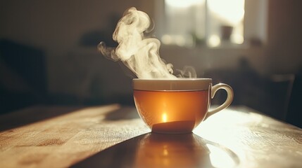Warm cup of tea on a wooden table with steam rising in a cozy and inviting atmosphere during golden hour