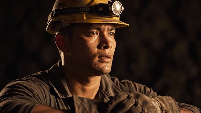 Close-up of a mine worker with helmet and lamp, looking thoughtful, dark environment