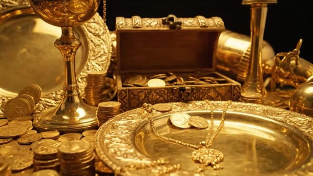 Golden treasures coins, chalice, chest, dishes, and jewelry create a shimmering display
