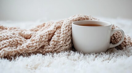 Cozy scene with a cup of warm tea and a soft knitted blanket on a fluffy textured surface for comfort and relaxation