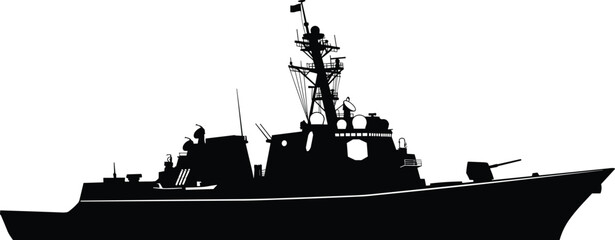 Modern military warship silhouette isolated on white background showing naval destroyer profile for defense, maritime security, and armed forces concepts © Moslama