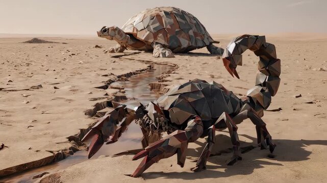 Abstract geometric scorpion and turtle in desert landscape with water