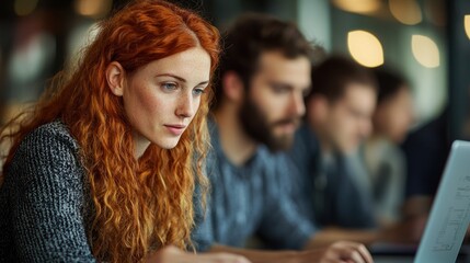 Concentrated young woman with red hair working on laptop in a modern office environment, surrounded by colleagues in a collaborative setting