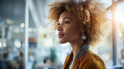 Thoughtful woman with curly hair looking out of a bright window in a modern indoor space with natural light